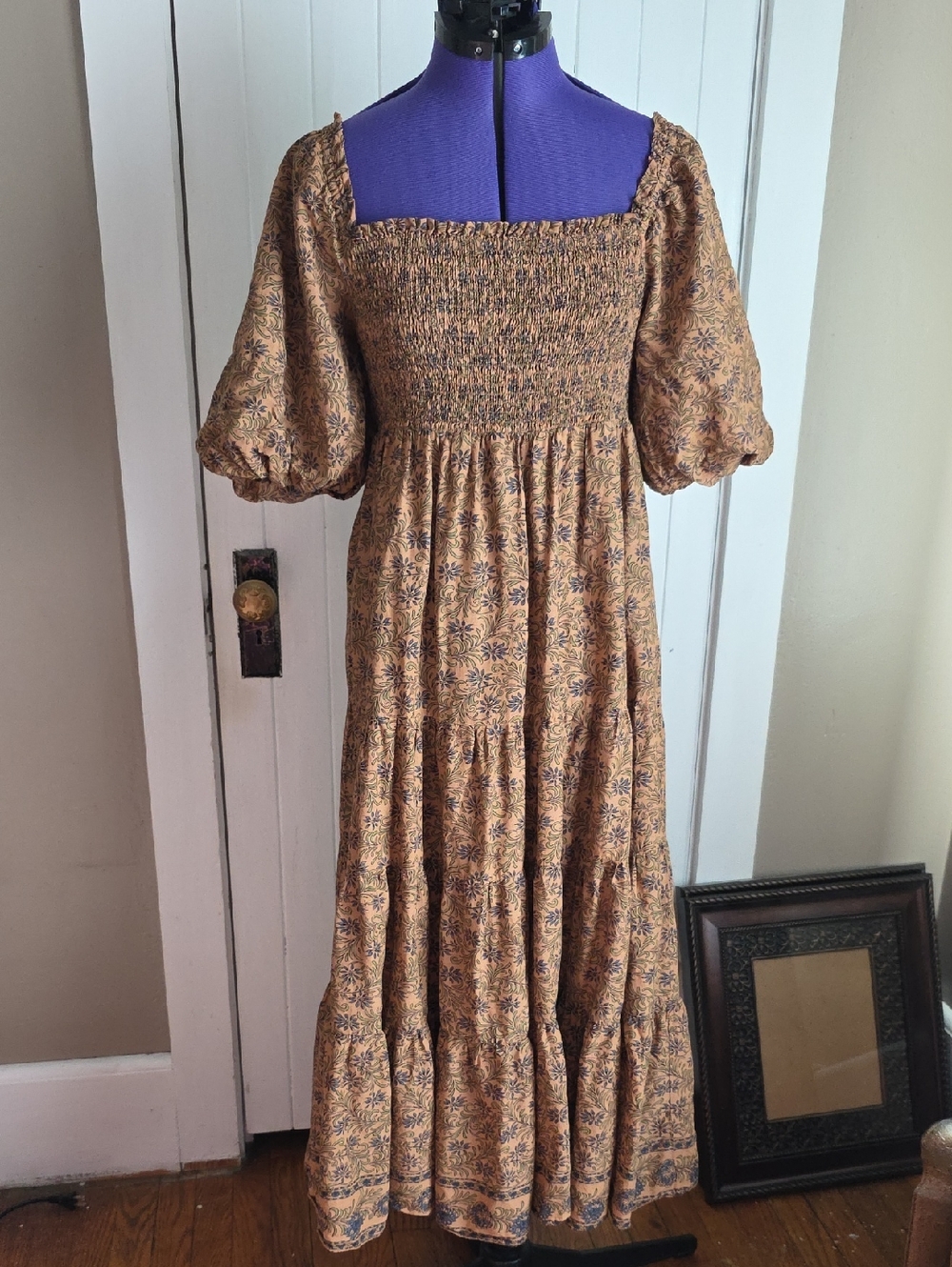 Smocked Square-Neck Maxi Dress in Mustard Floral
